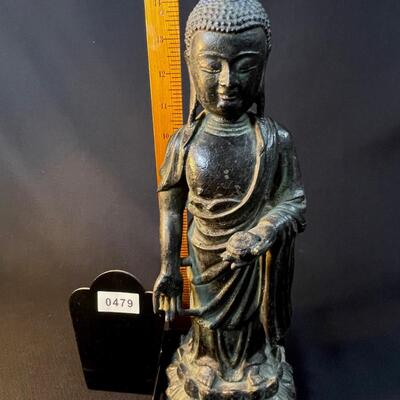 Beautiful Antique Standing Bronze Temple Buddha holding an offering