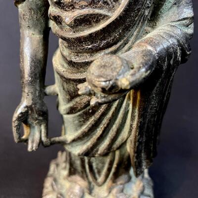 Beautiful Antique Standing Bronze Temple Buddha holding an offering