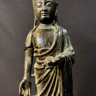 Beautiful Antique Standing Bronze Temple Buddha holding an offering