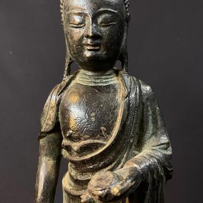 Beautiful Antique Standing Bronze Temple Buddha holding an offering