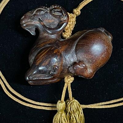 Vintage Finely Carved Wood Japanese Netsuke of a Ram