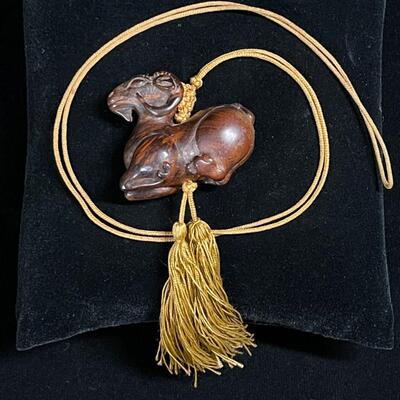 Vintage Finely Carved Wood Japanese Netsuke of a Ram