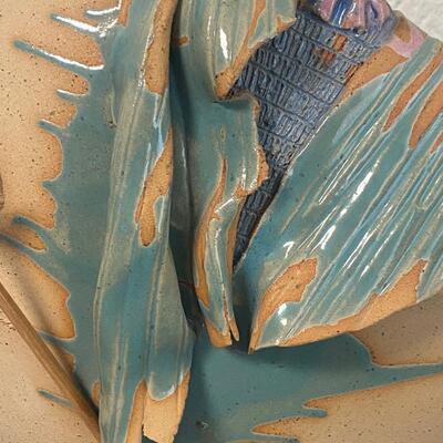 Signed Handpainted Pottery Disc Statues Man and Woman