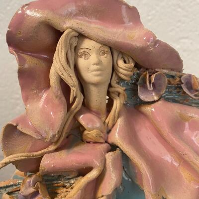 Signed Handpainted Pottery Disc Statues Man and Woman