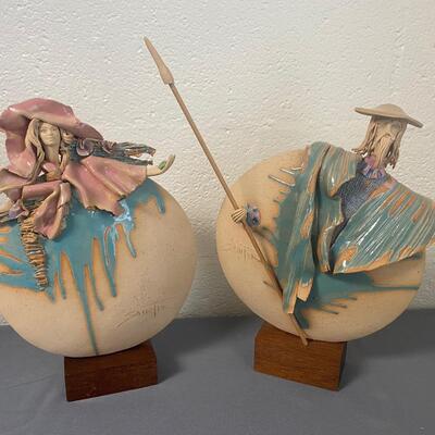 Signed Handpainted Pottery Disc Statues Man and Woman