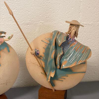 Signed Handpainted Pottery Disc Statues Man and Woman