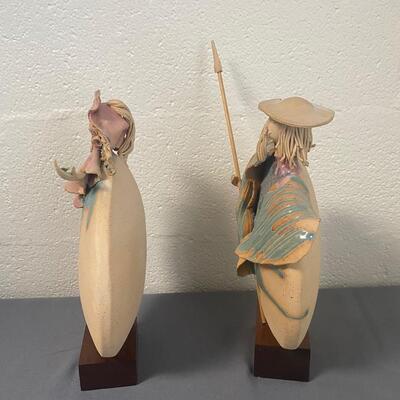 Signed Handpainted Pottery Disc Statues Man and Woman