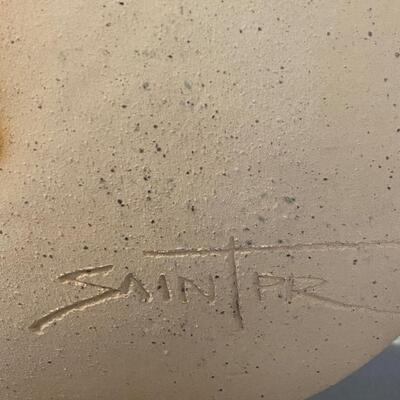 Signed Handpainted Pottery Disc Statues Man and Woman