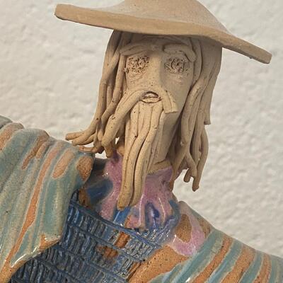 Signed Handpainted Pottery Disc Statues Man and Woman