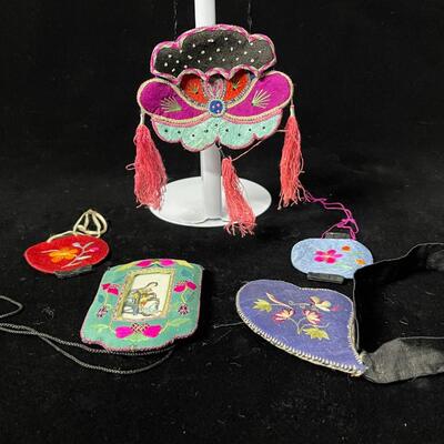 A Lot of Vintage Chinese Embroidered Accessories -Purse, lanterns, mirror