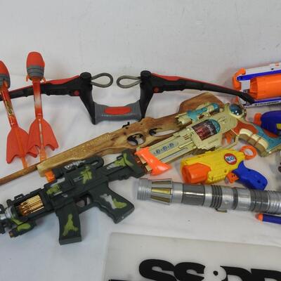 13+ pc Toy Weapons & Binoculars: Bow, Nerf Gun, Wooden Toy Rifle, etc
