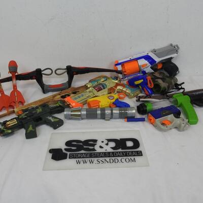 13+ pc Toy Weapons & Binoculars: Bow, Nerf Gun, Wooden Toy Rifle, etc
