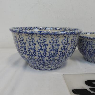 3 White and Blue Speckled Bowls, Different Sizes
