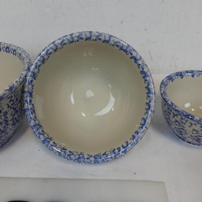 3 White and Blue Speckled Bowls, Different Sizes