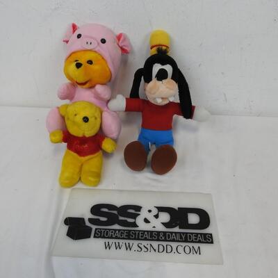 3 Stuffed Disney Toys: Winne the Pooh Pig in a Pig Onesie, Goofy, Winne the Pooh