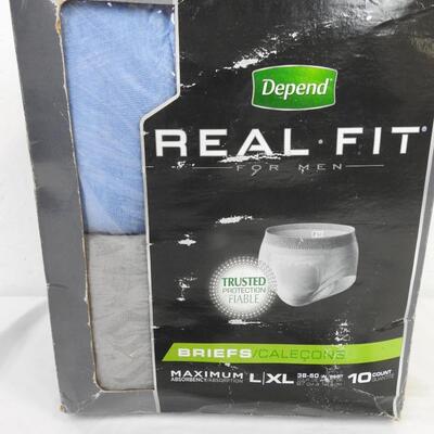 Box of 10 Depend Real Fit L/XL Briefs, Unopened Box, Slight Damage
