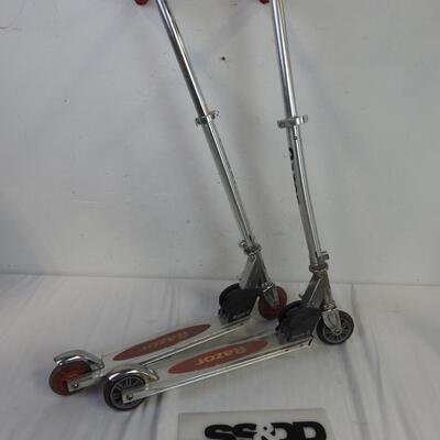 2 Razor Kick Scooters, Red, Light Up Wheels, Some Damage