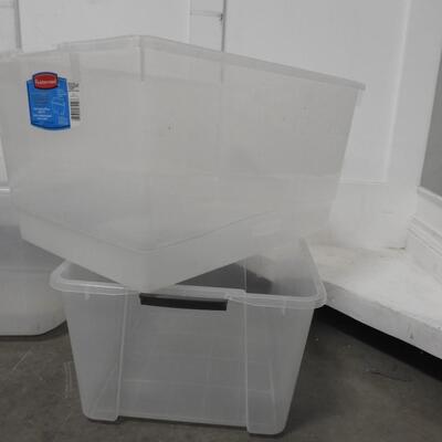 5 Plastic Totes, 1 With a Lid