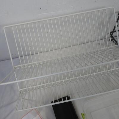 8 pc Home Organization Lot: Dish Drying Racks, Plastic Bins
