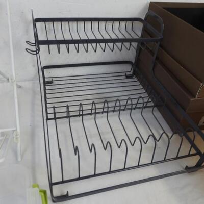 8 pc Home Organization Lot: Dish Drying Racks, Plastic Bins