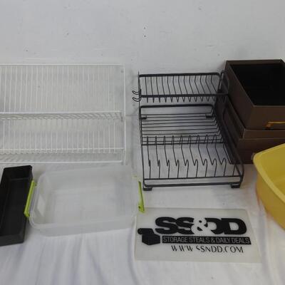 8 pc Home Organization Lot: Dish Drying Racks, Plastic Bins