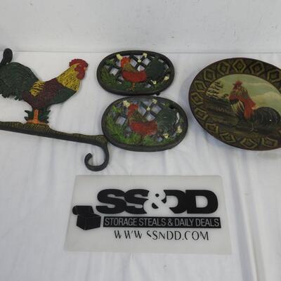 4 pc Rooster Decor: Cast Iron Decor and Wall Hook, Stoneware Plate