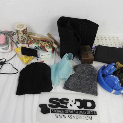17 pc Personal Care Lot: Beanies, Headphones, Hair Curler, Small Iron
