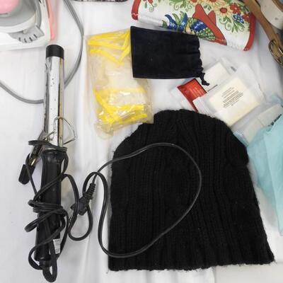 17 pc Personal Care Lot: Beanies, Headphones, Hair Curler, Small Iron