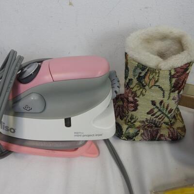 17 pc Personal Care Lot: Beanies, Headphones, Hair Curler, Small Iron
