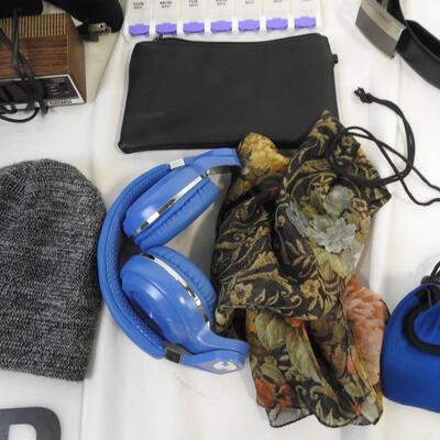 17 pc Personal Care Lot: Beanies, Headphones, Hair Curler, Small Iron