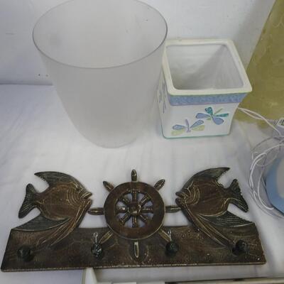 12 pc Bathroom Lot: Wooden Hooks, Ceramic Soap Dispenser, Toothbrush Holder