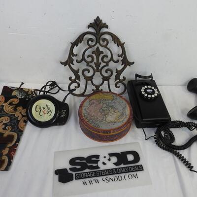 5 pc Decor: Cast Iron, Candle Warmer, Rotary Wall Phone