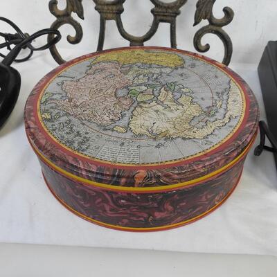 5 pc Decor: Cast Iron, Candle Warmer, Rotary Wall Phone