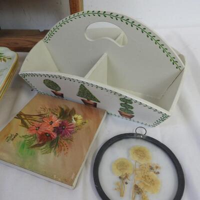 10 pc Home Decor: Decorative Plates, Wooden Basket, Metal Candle Holder