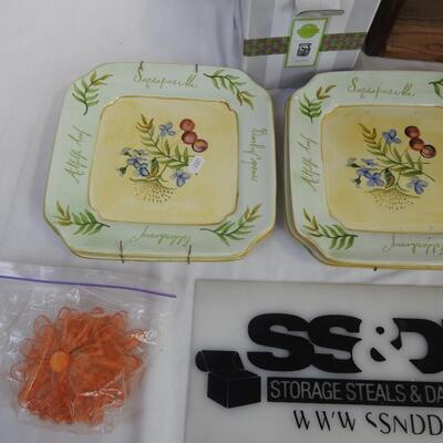10 pc Home Decor: Decorative Plates, Wooden Basket, Metal Candle Holder