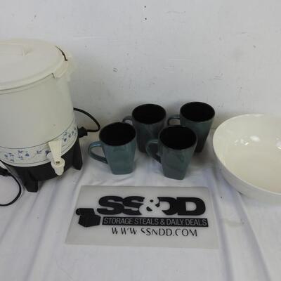 6 pc Kitchen: Coffee Maker (Vintage?) Stoneware Bowl and Mugs, Gibson, Elite