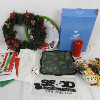 9 pc Christmas Decor: Wreath, Tissue Paper, Metal Platter, Angel Lights