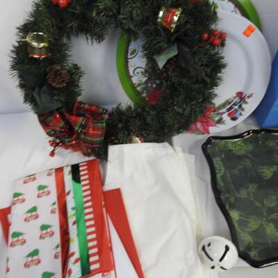 9 pc Christmas Decor: Wreath, Tissue Paper, Metal Platter, Angel Lights