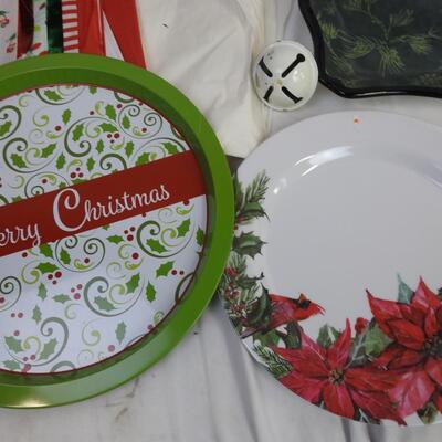 9 pc Christmas Decor: Wreath, Tissue Paper, Metal Platter, Angel Lights