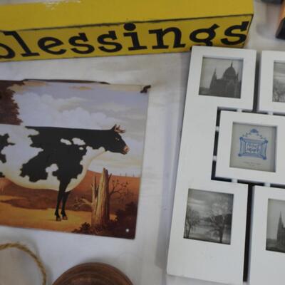11 pc Home Decor: Wooden Figures, Signs, Prayer hands, Fabric Curtain