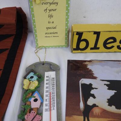 11 pc Home Decor: Wooden Figures, Signs, Prayer hands, Fabric Curtain