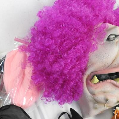 15 pc Costumes, Pink Haired Pig Mask, Purple Dress, Wigs, Noses
