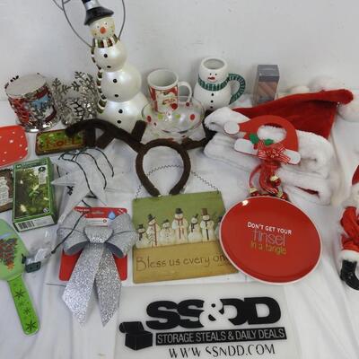 21 pc Christmas Decor: Ceramic Snowman, Santa Hats, Mini Lights, Mugs