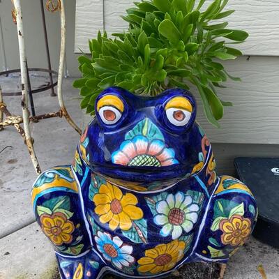 Colorful Talavera Pottery Hand Painted Frog Planter Pot with Succulent