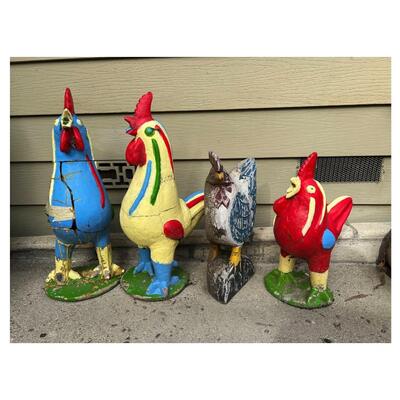 Lot of Colorful Plaster Rooster Garden Yard Art Decorations
