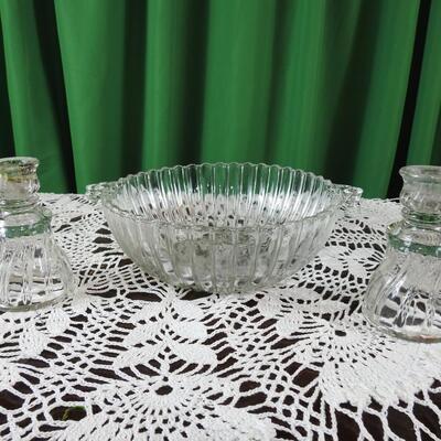 Glass bowl with crystal candlesticks
