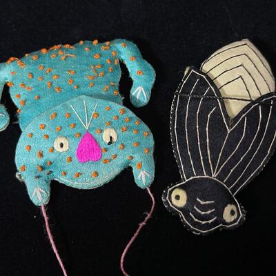 Pair of Darling Whimsical Chinese Sachets of a Frog and a Fly