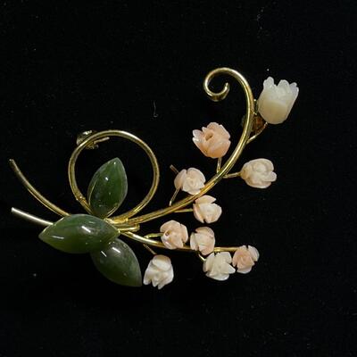 Carved Jade & Coral Brooch Pin and Original Box