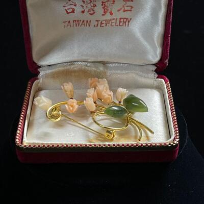 Carved Jade & Coral Brooch Pin and Original Box