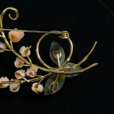 Carved Jade & Coral Brooch Pin and Original Box